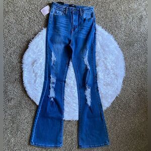 Nina Rossi Jeans Super High Rise Flare Long New Distressed Women’s Size 7